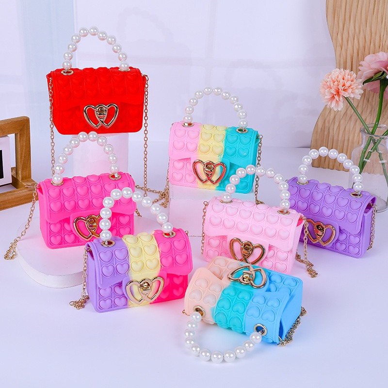 Women Bags Guess - シリコンラブバブルゼリーバッグ、ポッパー圧力軽減財布、フェイクパールハンドル付きポップイットハンドバッグ、かわいいチェーンクロスボディバッグ