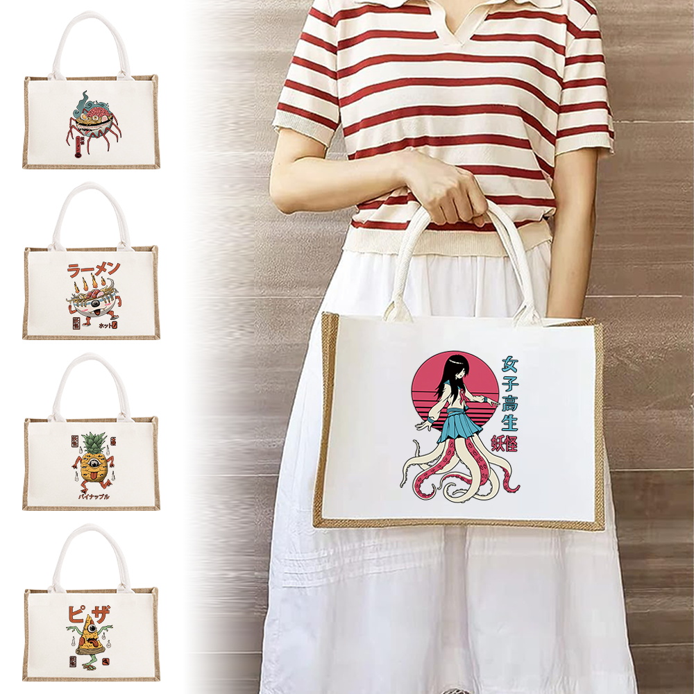 Women Bags Jute - ビーチバーラップキャンバストートバッグ キュートなモンスタープリント 名入れ可能 ブライズメイド ブライダルパーティー 旅行ギフト