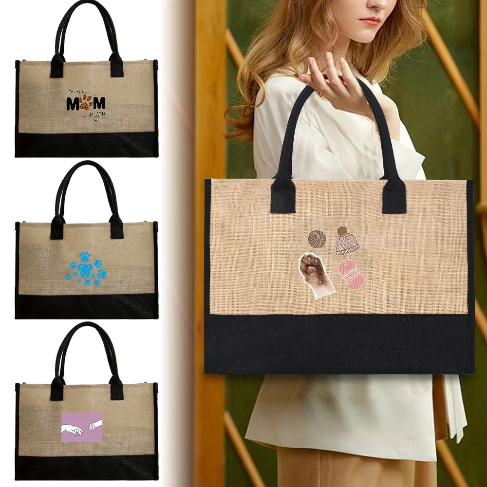 Women Bags Jute - 2026 ジュートバッグ 再利用可能で防水性のあるショッピングバッグ 便利な大容量 旅行用食料品バッグ プリントフットプリントシリーズ