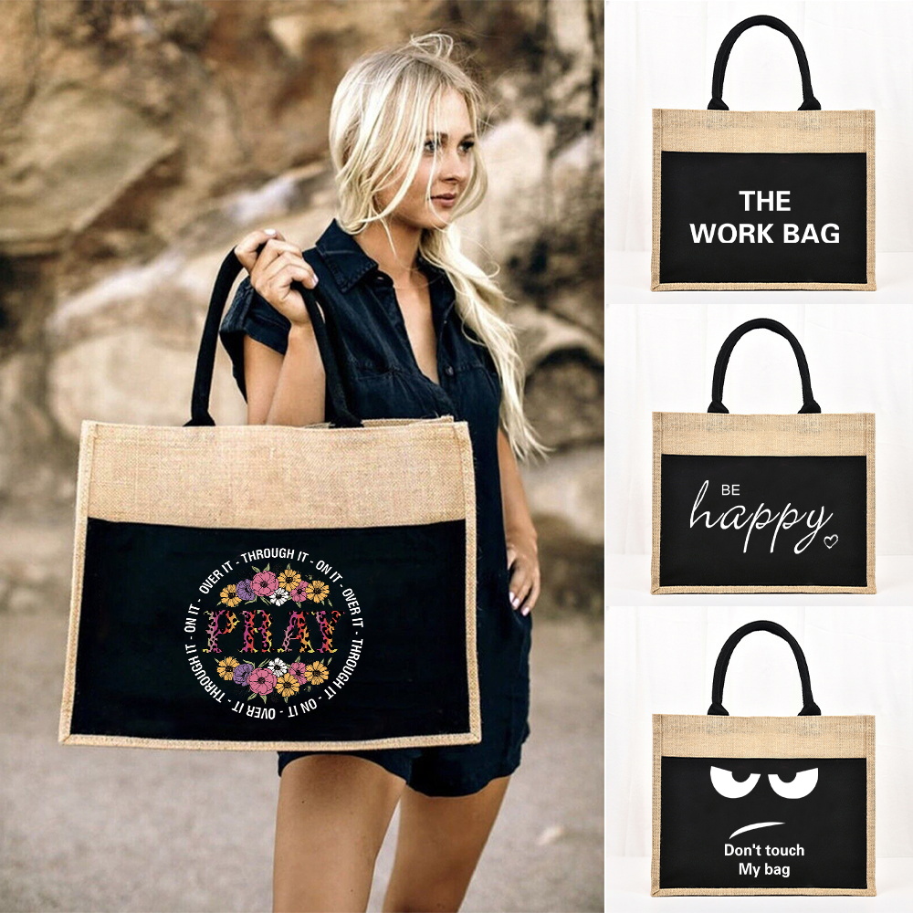 Women Bags Jute - 再利用可能なジュートのショッピングバッグ,大容量のリネンの食料品バッグ,ビーチ用のビンテージスタイルのハンドバッグ,模造品,シリーズ