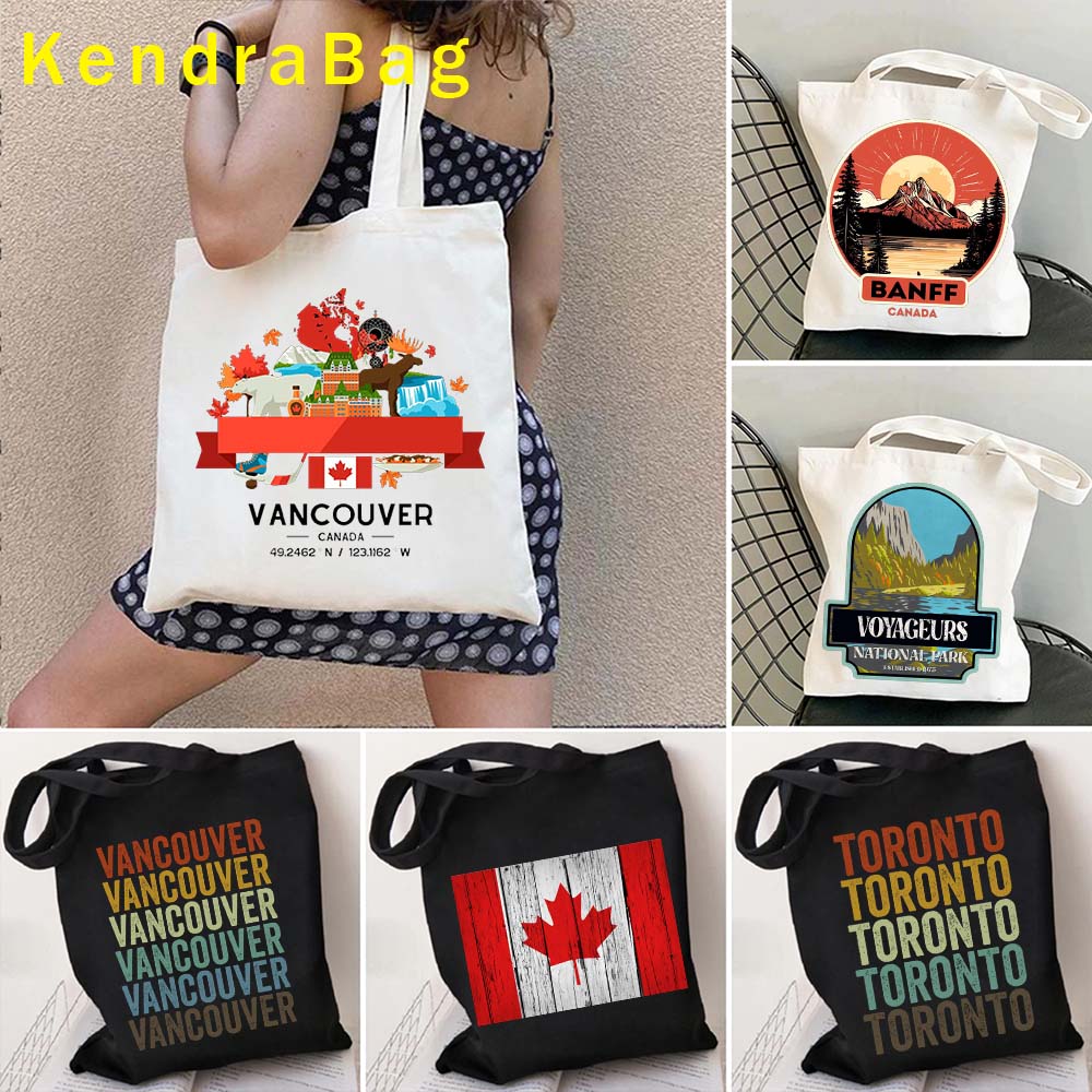 Women Bags In Canada - ハッピーカンダの日カナディアン観光ギフト一重項市の風景きしむスカイラインキャンバストートバッグコットンハンドバッグ