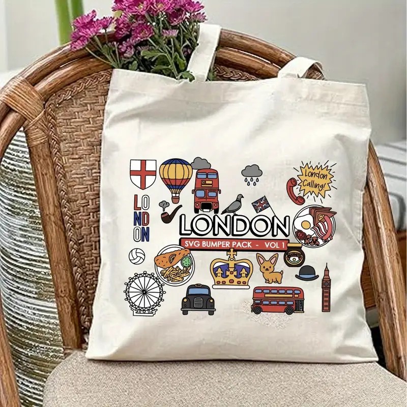 Women Bags Uk - ロンドン英国グラフィックキャンバストートバッグ女性用環境に優しい再利用可能なショッピングバッグ大型ショルダーバッグ旅行学校ハンドバッグ