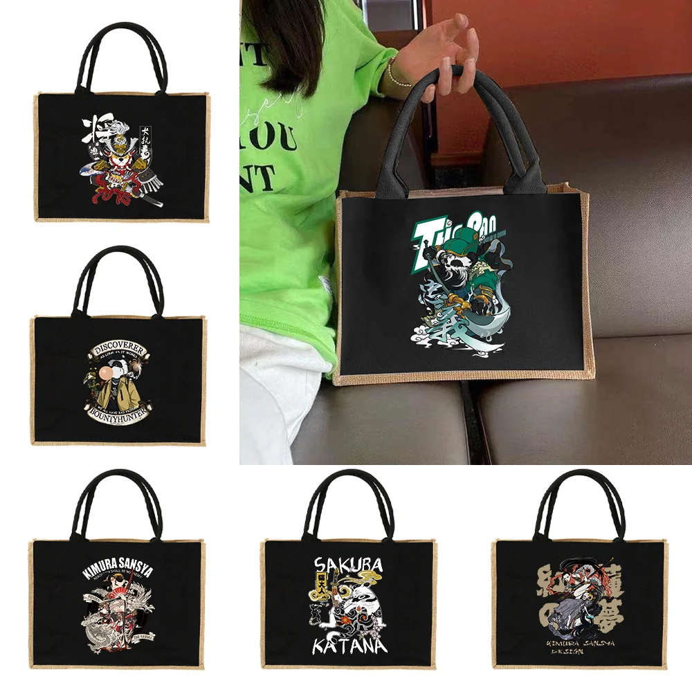 リネントートショッピングバッグ サムライ柄黄麻布手描き女性用 - Women Bags Jute のレビューと価格